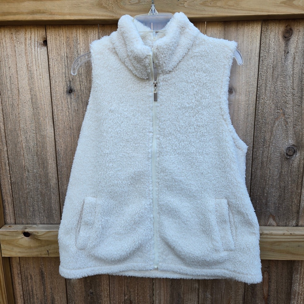 Maurices Womens Medium Cream White Sherpa Fleece Full Zip Vest Pockets Coziness